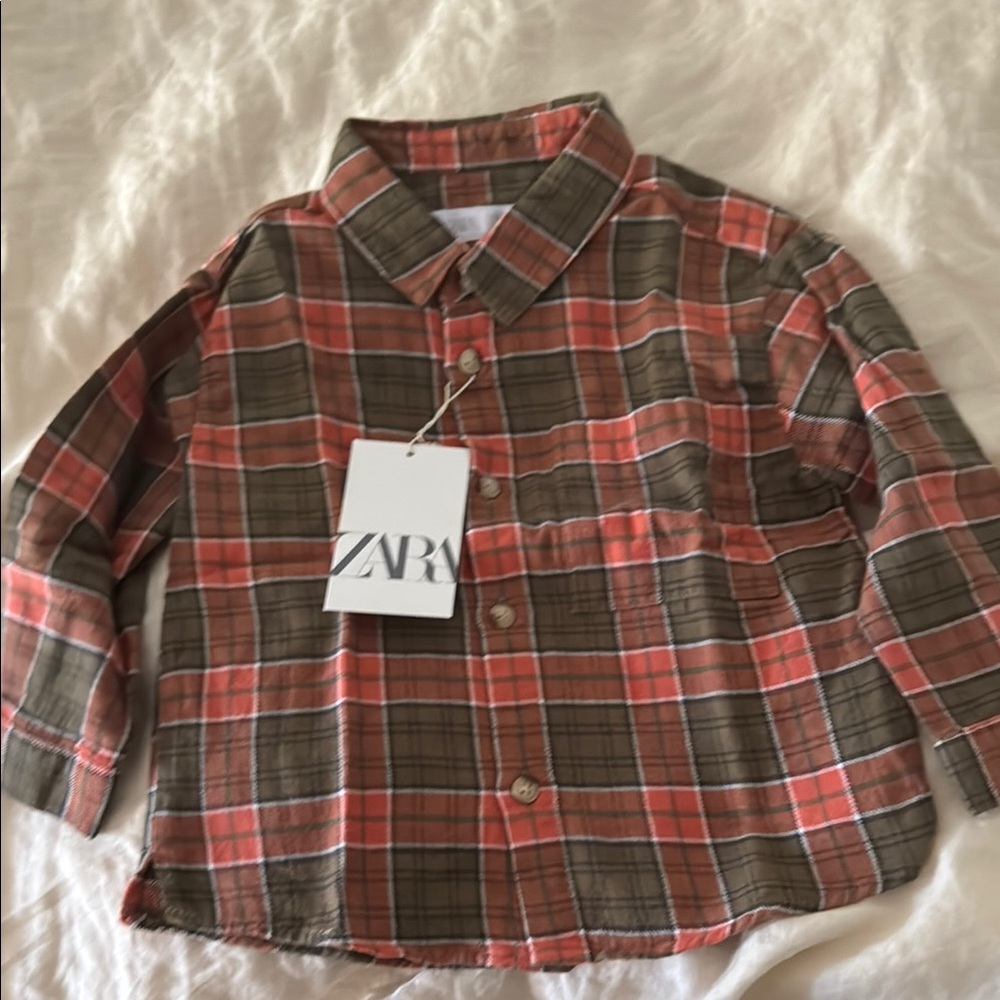 Zara Red and Brown Button Down Shirt Classic Plaid